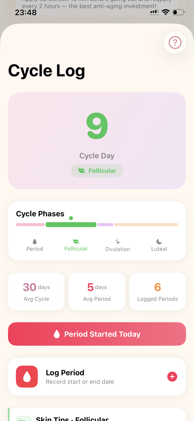 Cycle-aware skincare tracking